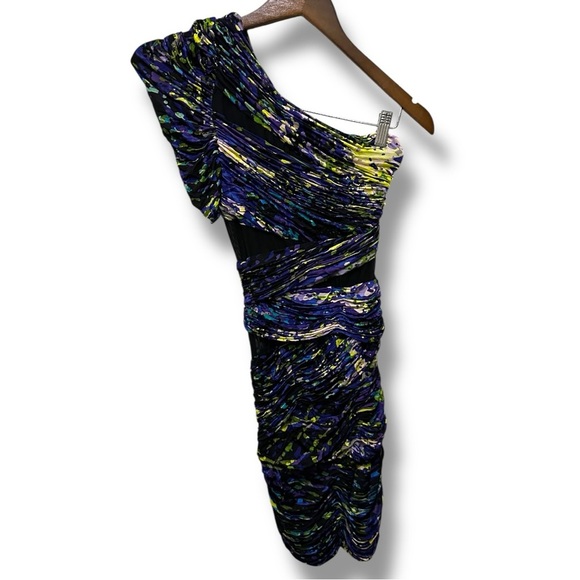 253 BCBGMAXAZRIA Runway |NWOT Purple One Shoulder Mesh Ruched Mini Dress (Sz XS) - Picture 4 of 16